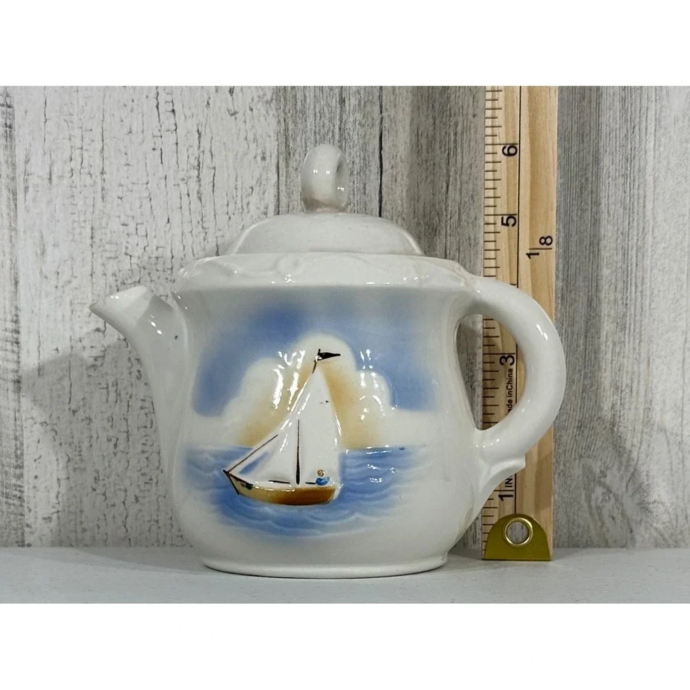 Porcelier‎ Vintage Porcelain Teapot Sailboat Nautical Beach Coastal Made in USA